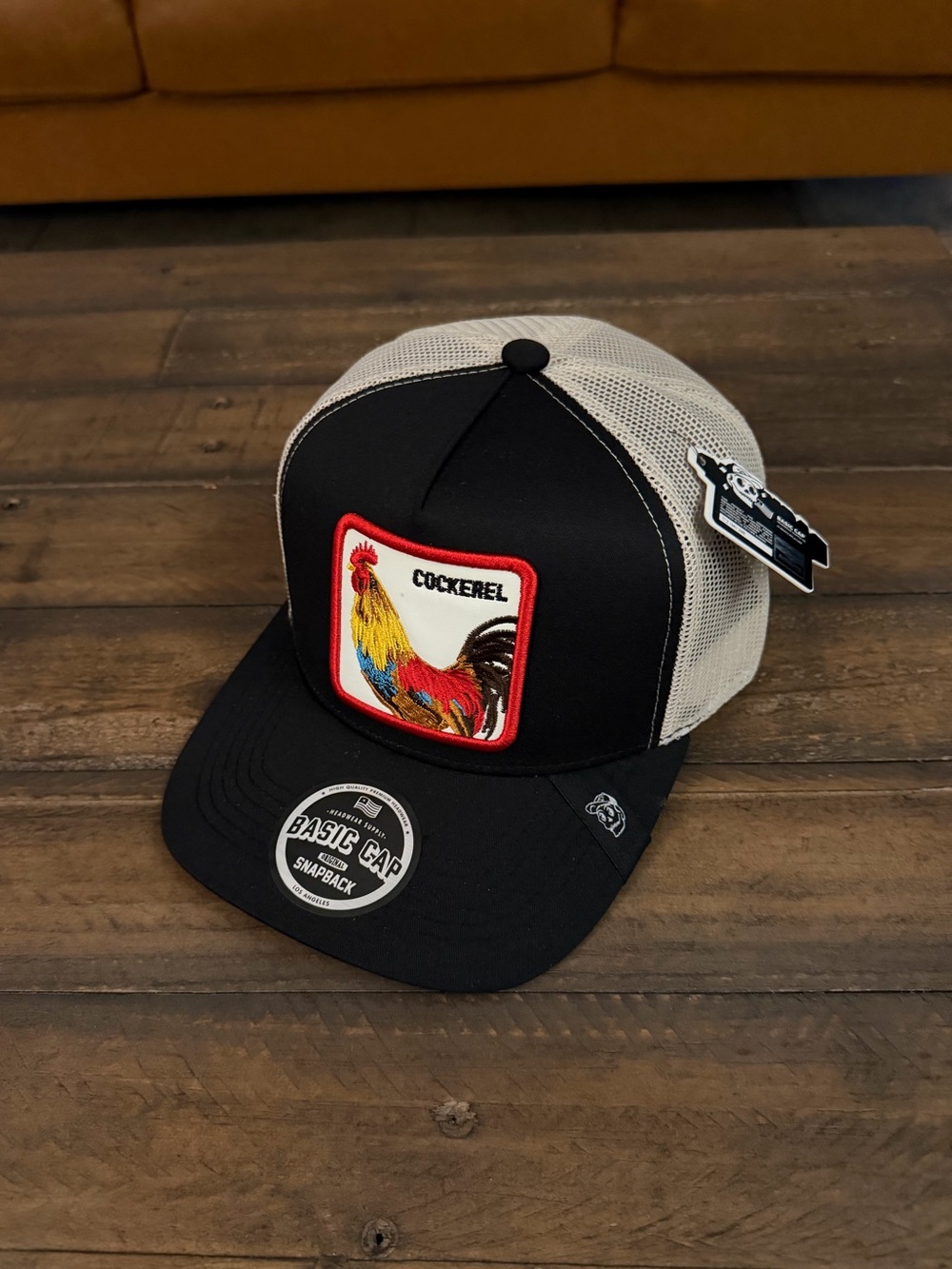 The Farm Rooster Black Cream Trucker Hat Mesh Snapback 5 Panel Goorin Bros Style